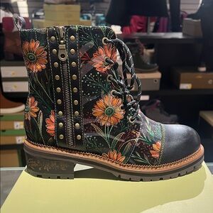 Spring Step Black and Orange Floral Combat Boots